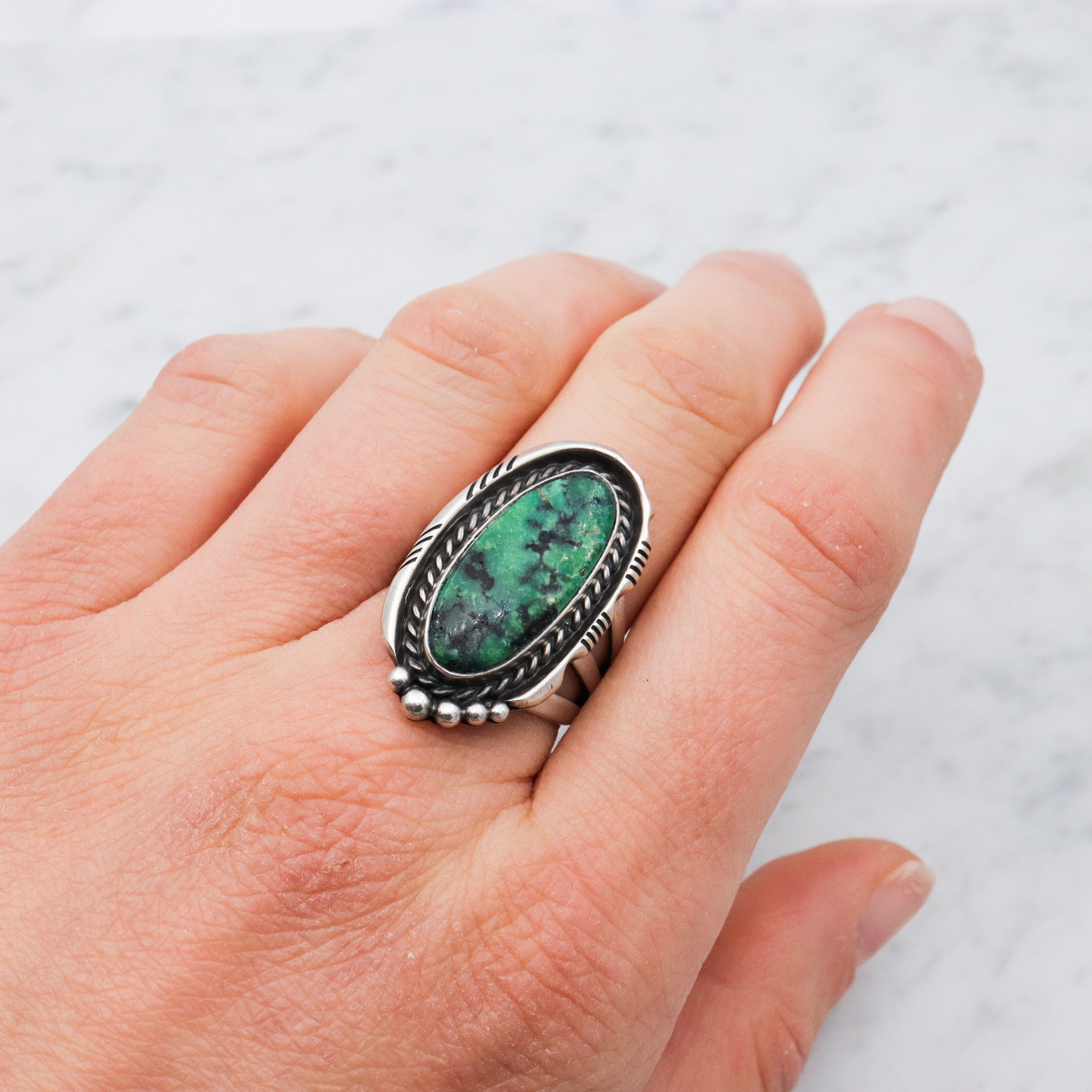 Native American sterling silver green turquoise navette ring , sz 7.5
